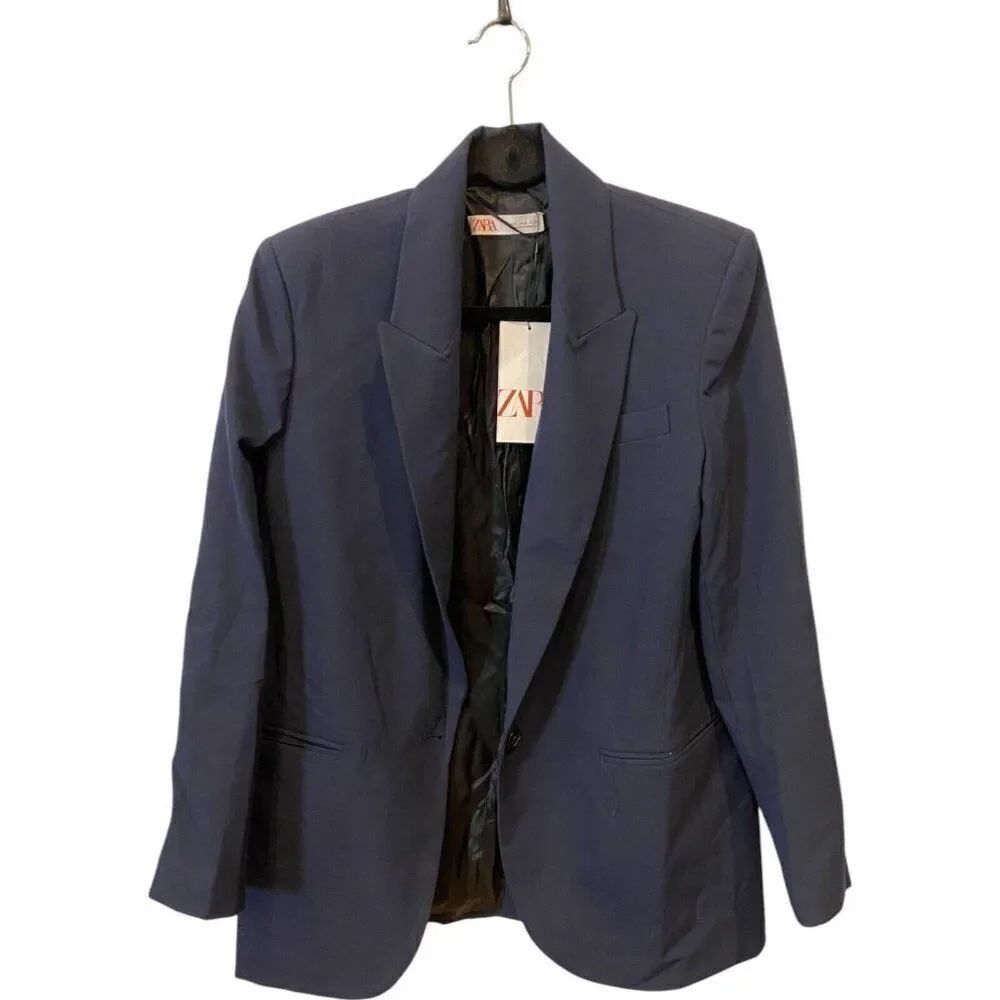 Zara Womens Suit Jacket Blazer Size S Navy Blue Single Button 2922/040 NWT